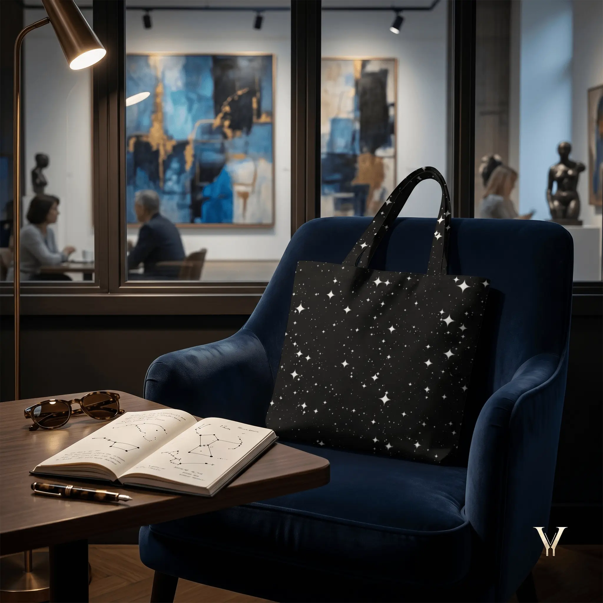 As captured in Tote Bag Art Gallery Cafe Shot.webp, a large black Designer Tote Bag featuring an all-over white starry night print rests on a plush blue velvet armchair. Next to the chair on a wooden table sits an open notebook displaying hand-drawn star constellations, a fountain pen, and tortoiseshell sunglasses under a glowing brass floor lamp. In the background, large abstract blue and gold paintings are visible through glass windows inside a sophisticated art gallery cafe setting.