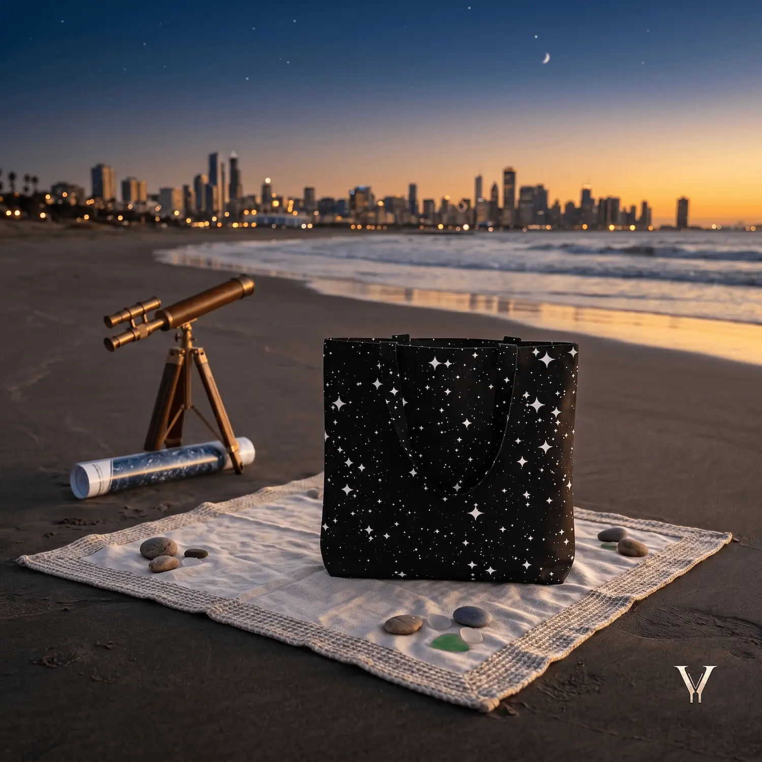 As captured in Tote Bag Golden Hour Sea Side Shot.webp, a large black Designer Tote Bag featuring an all-over white starry night print sits on a woven mat on a sandy beach. A vintage brass telescope on a tripod and a rolled-up star map rest nearby. In the background, a city skyline glows at sunset across the ocean under a twilight sky with a crescent moon.