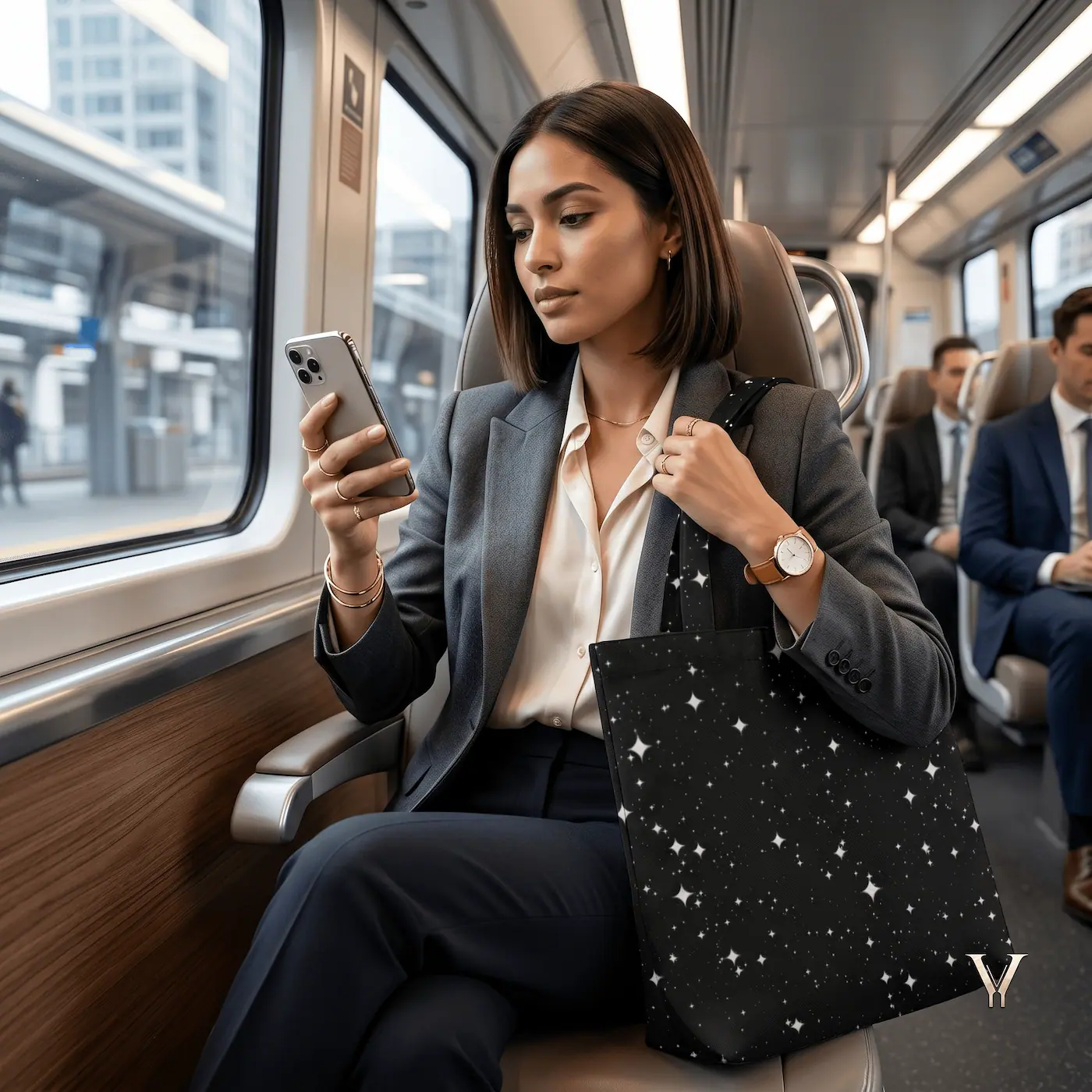 As seen in Tote Bag Rail Car Shot (New).webp, a woman wearing a professional grey blazer and dark trousers sits inside a modern train car, checking her smartphone. Over her shoulder rests a large black Designer Tote Bag featuring an all-over print of white four-pointed stars and fine cosmic dust.