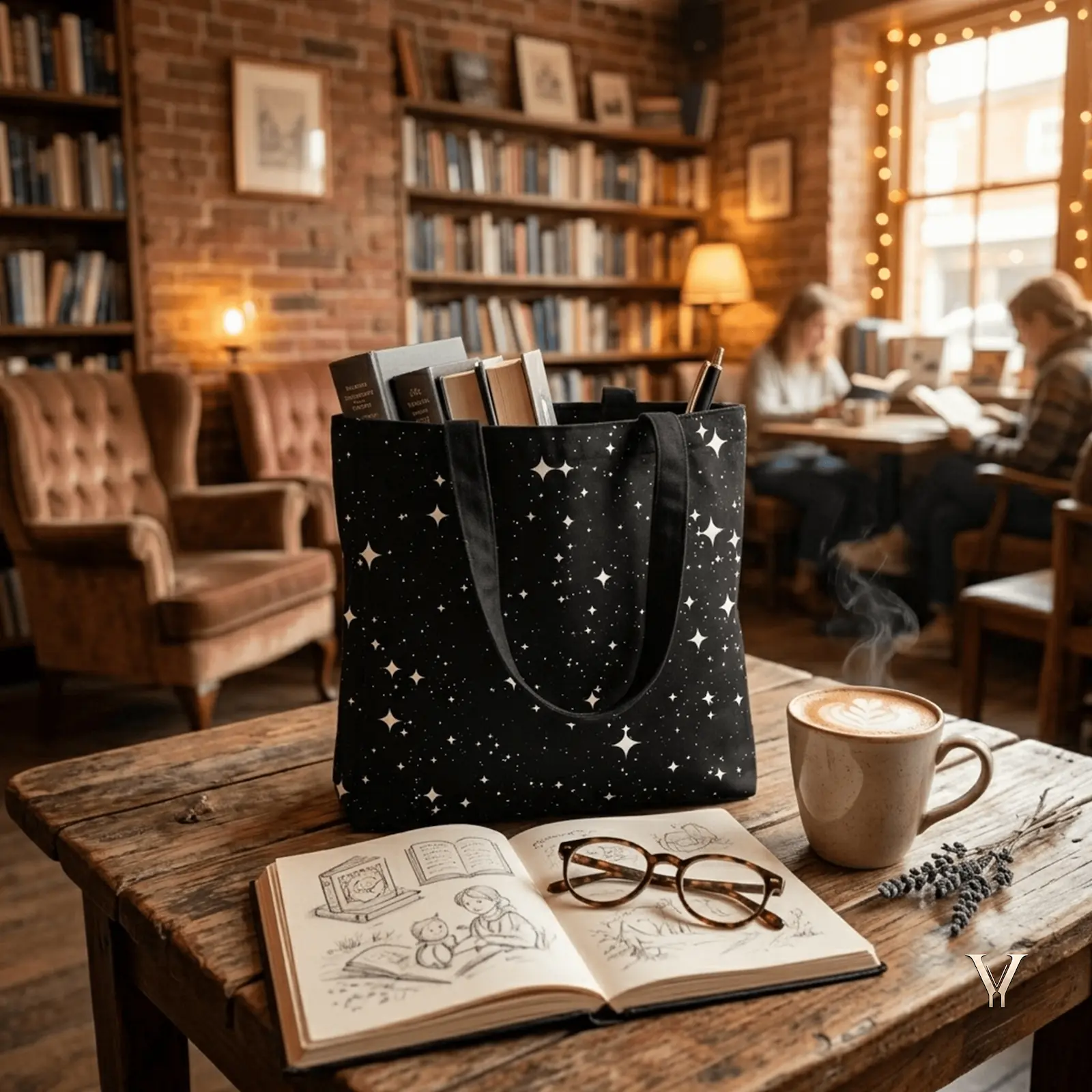 As captured in Tote Bag Reading Nook Shot (New).webp, a large black Designer Tote Bag with an all-over white starry night print stands upright on a rustic wooden table filled with several hardcover books and a pen. In the foreground, an open book with illustrated pages, a pair of tortoiseshell glasses, a steaming mug of latte art coffee, and sprigs of lavender rest on the table, while a cozy brick-walled bookstore filled with bookshelves and patrons blurred in the background completes the scene.