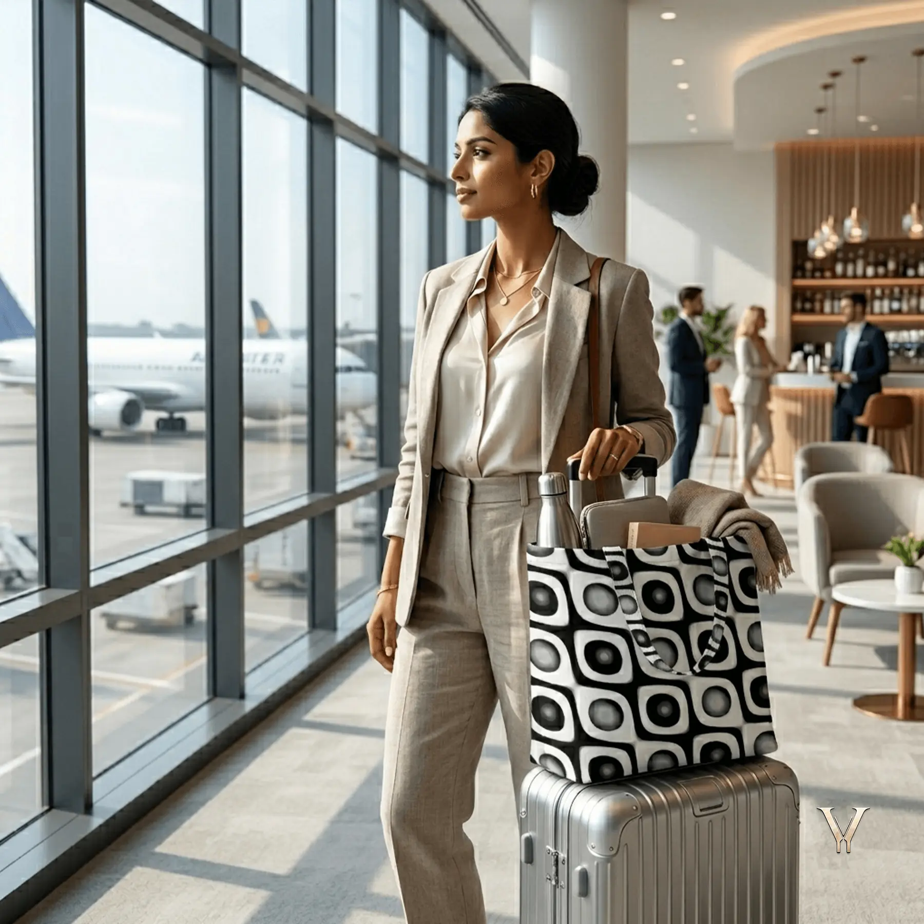 A businesswoman standing in a modern airport lounge next to windows, holding an EcoSphere Designer Tote Bag with a black and white geometric pattern placed on top of her silver rolling suitcase.