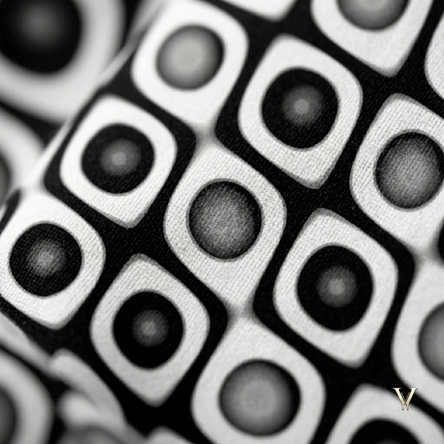 A sharp, close-up macro view of the EcoSphere Designer Tote Bag fabric texture, showcasing the fine woven material and high-resolution black and white geometric pattern print details.