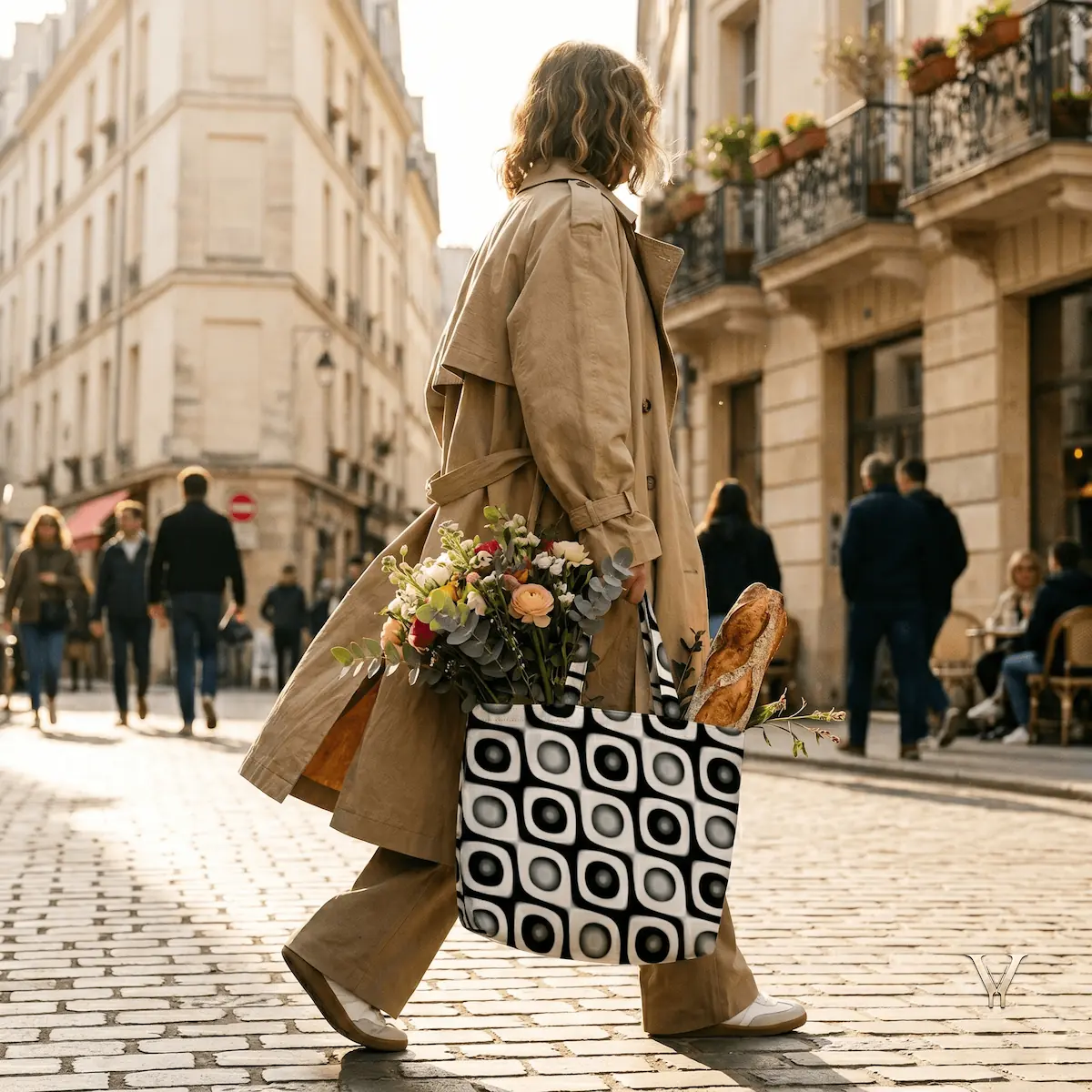 A woman walking down a cobblestone European street wearing a trench coat and carrying an EcoSphere Designer Tote Bag filled with fresh flowers and a baguette.