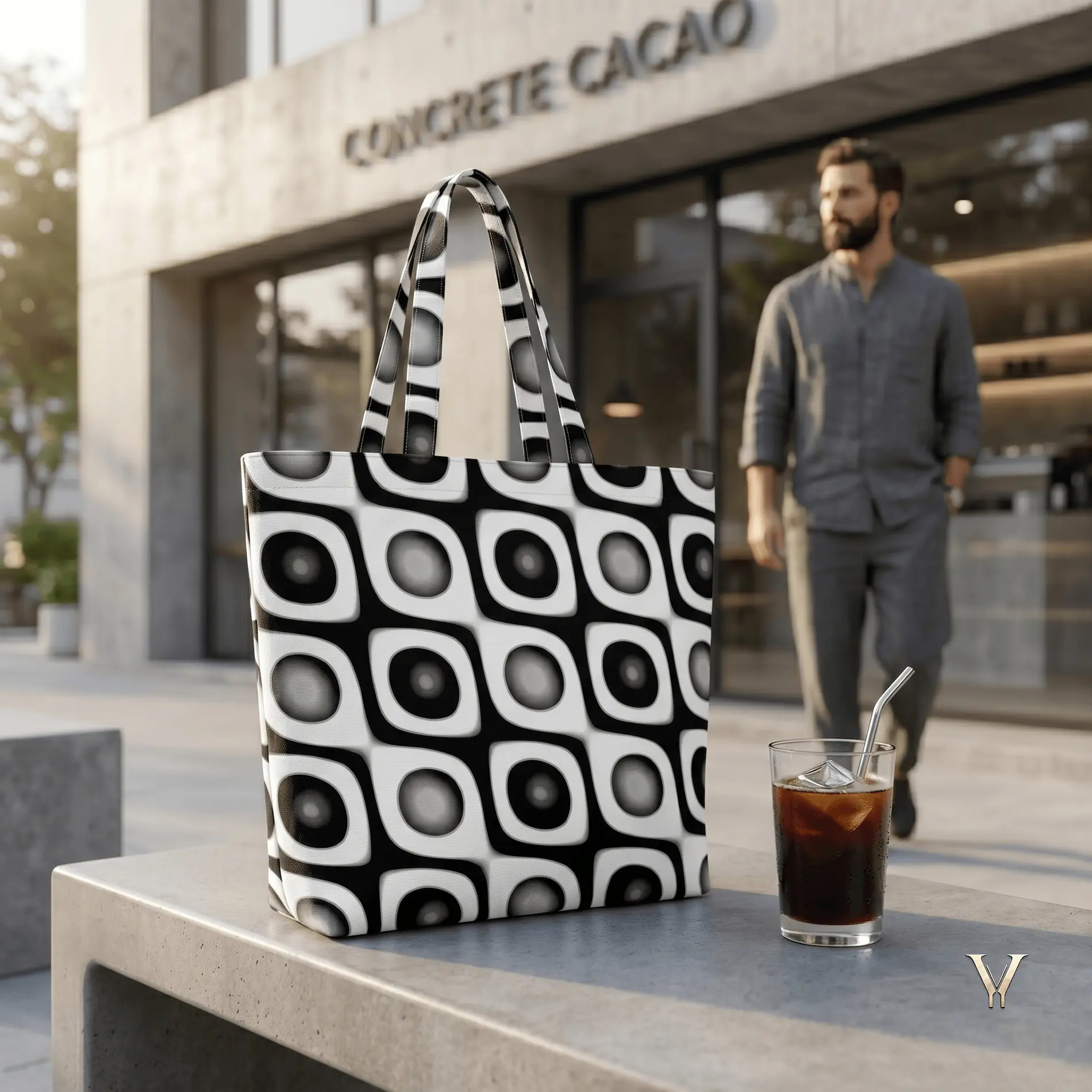 An EcoSphere geometric Designer Tote Bag with a black and white optical pattern sitting on a concrete outdoor bench next to an iced coffee, with a man walking in front of a modern cafe in the background.