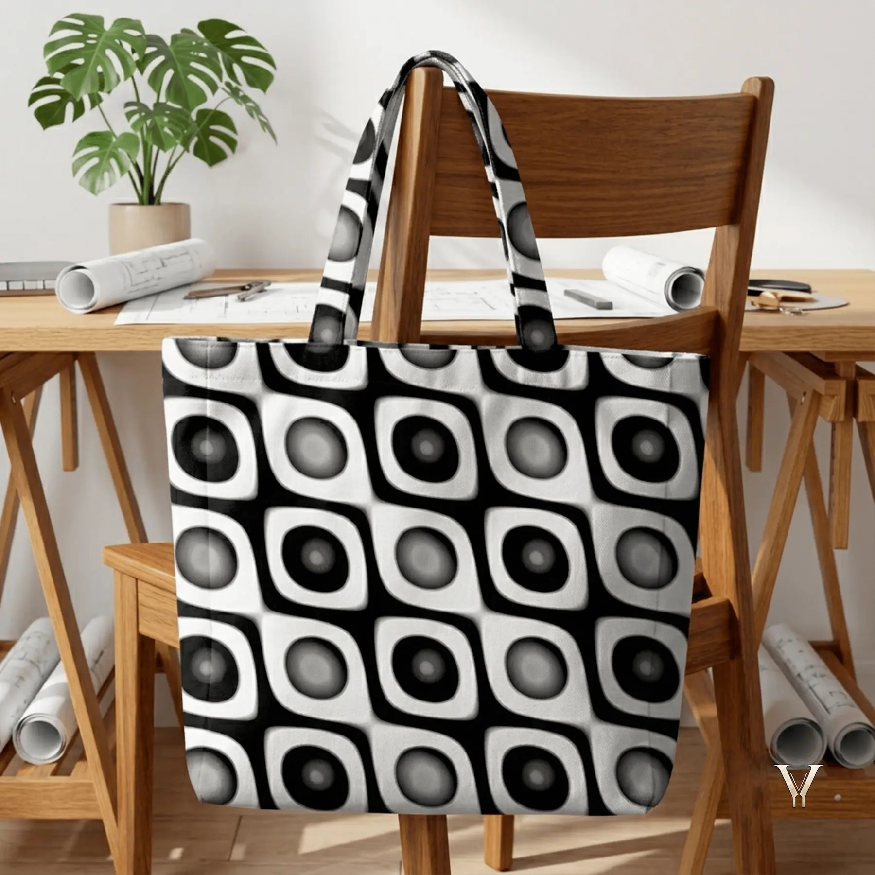 An EcoSphere geometric Designer Tote Bag featuring a black and white optical pattern hanging from the back of a wooden chair in a bright studio office with blueprints and design rolls on the desk.