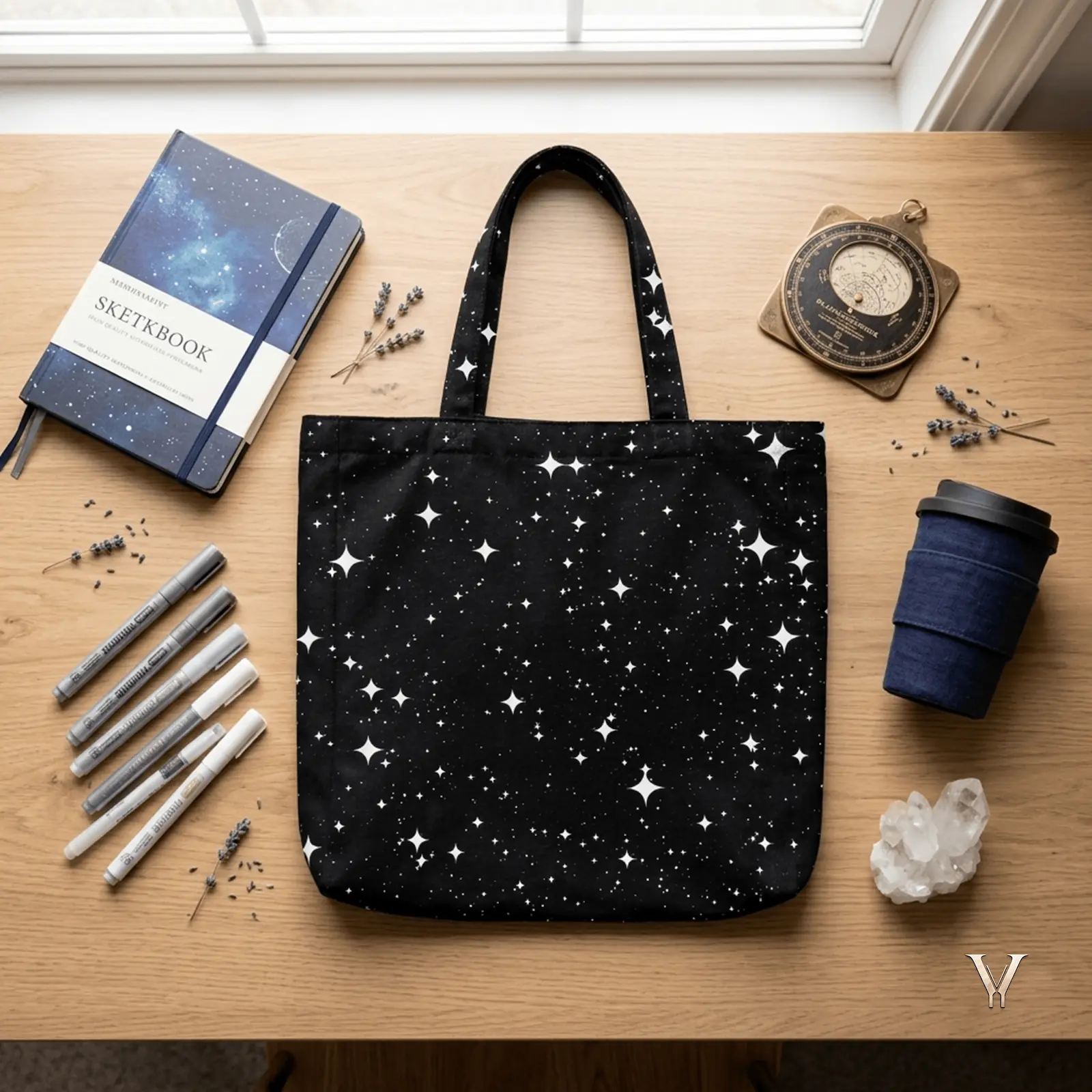 As displayed in Tote Bag Flat on Table shot.webp, a black Designer Large Tote Bag featuring an all-over pattern of white four-pointed stars is laid flat on a light-colored wooden table beneath a window. Arranged around the bag are a galaxy-themed sketchbook, six silver and white art markers, an antique brass astrolabe, a blue fabric-wrapped travel mug, a clear quartz crystal cluster, and small scattered sprigs of dried lavender.
