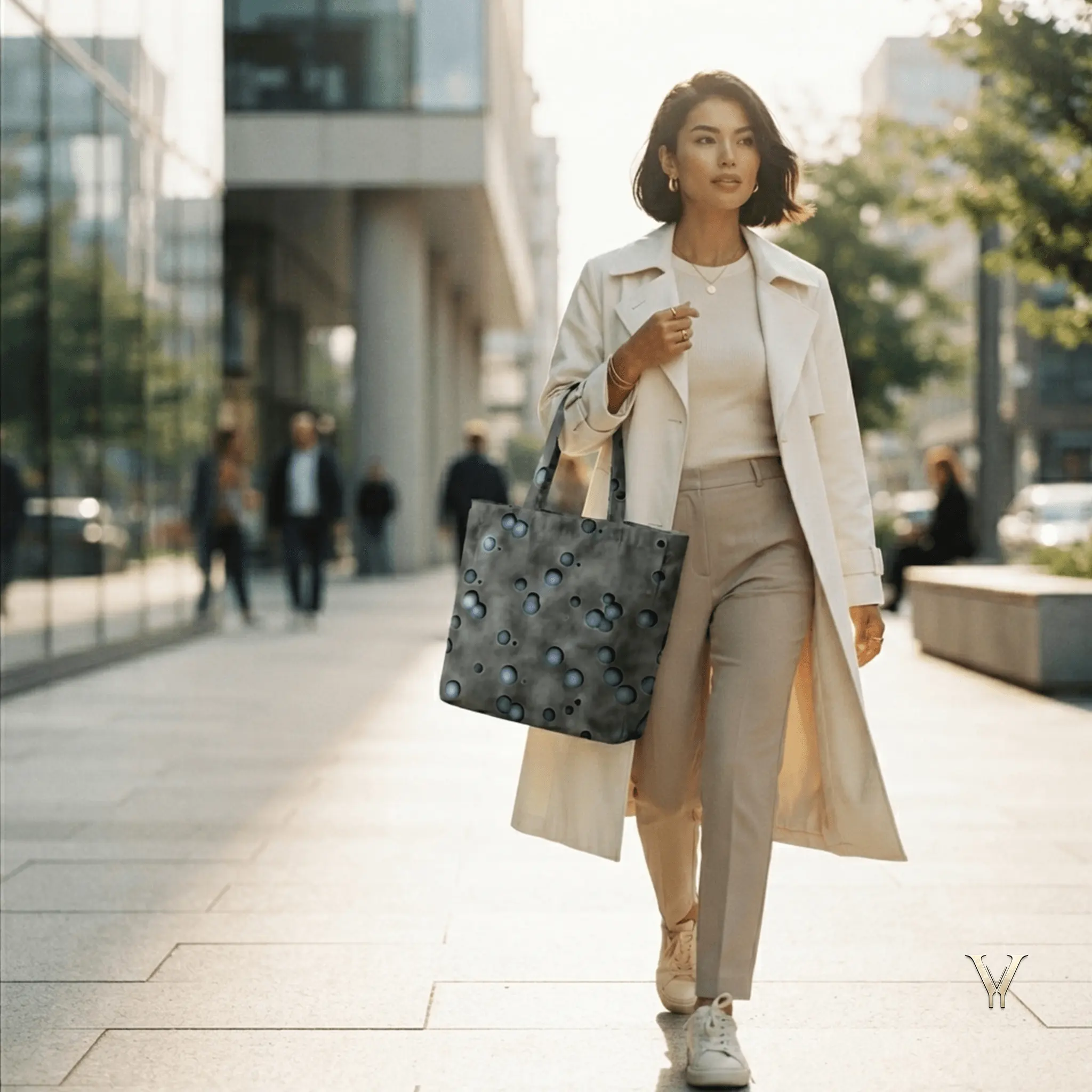 Chic model walking in city carrying Nebula Droplets AOP Designer Large Tote Bag by VertexVault Studio, showcasing a dark gray cosmic pattern shoulder bag with a stylish cream trench coat and urban streetwear outfit.
