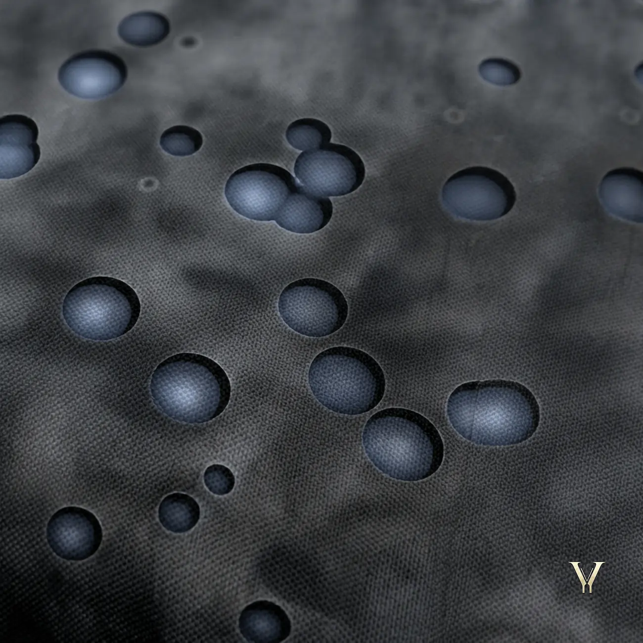 Detailed macro close up of Nebula Droplets AOP Designer Large Tote Bag by VertexVault Studio, showing the durable printed fabric texture, a smoky dark grey cosmic pattern, and blue-grey 3D droplet designs.