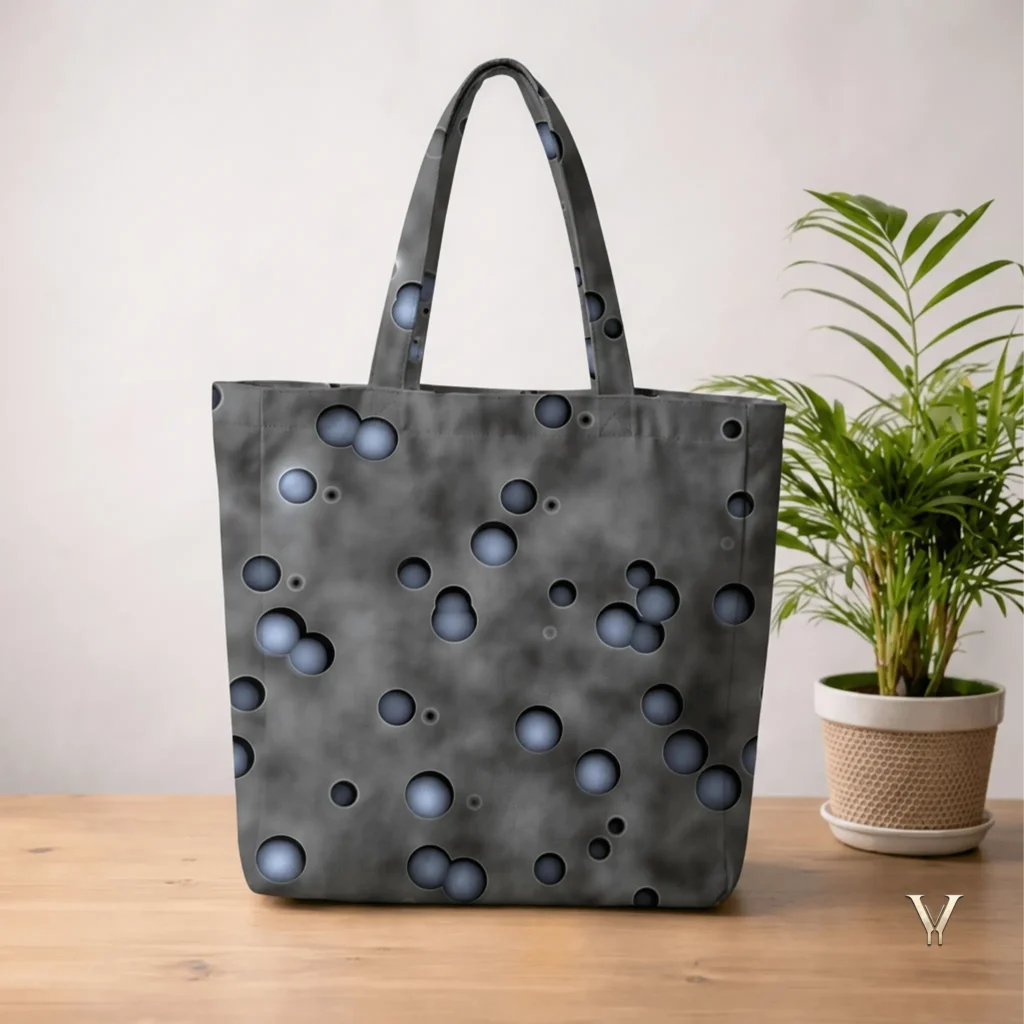 Nebula Droplets AOP Designer Large Tote Bag by VertexVault Studio, showing a smoky dark grey cosmic pattern shoulder bag with 3D blue-grey droplets on a wooden table next to a potted plant.