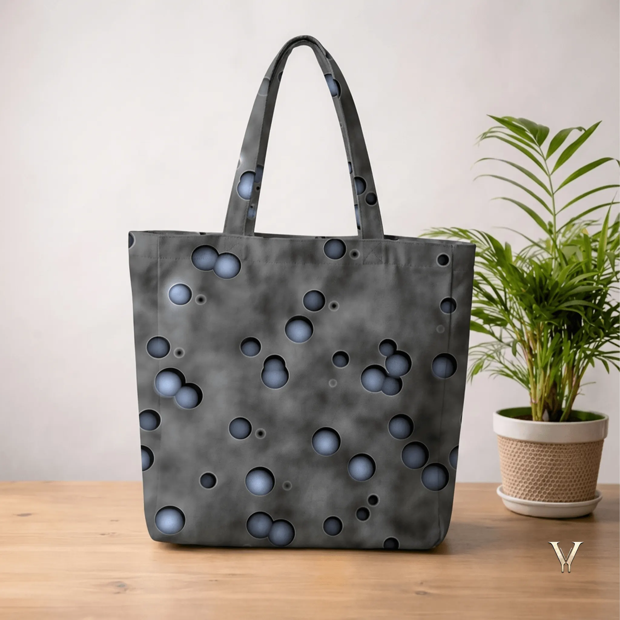 Nebula Droplets AOP Designer Large Tote Bag by VertexVault Studio, showing a smoky dark grey cosmic pattern shoulder bag with 3D blue-grey droplets on a wooden table next to a potted plant.