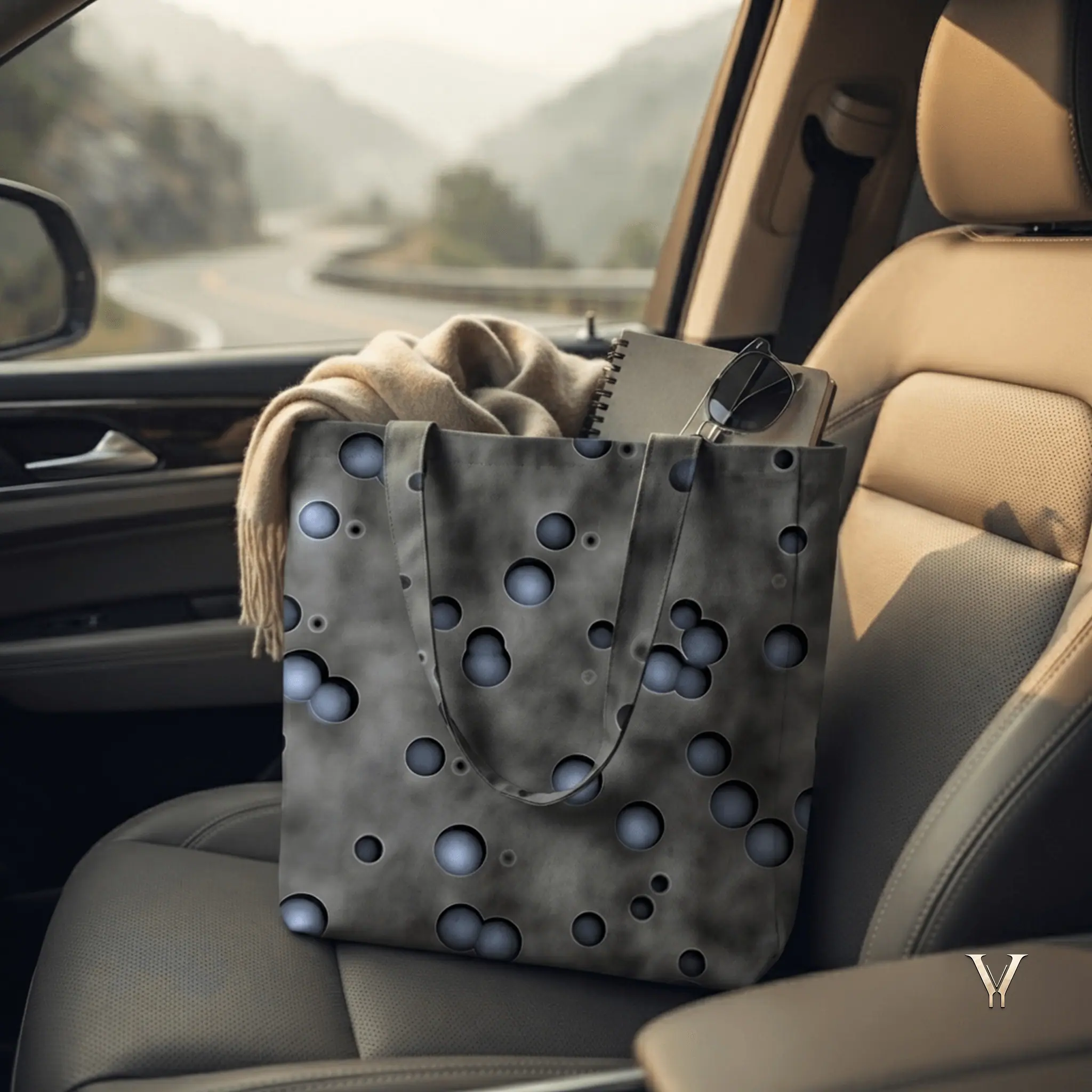 Nebula Droplets AOP Designer Large Tote Bag by VertexVault Studio on a tan leather car seat, showing a dark gray cosmic pattern shoulder bag filled with a scarf and sunglasses next to a scenic mountain road view.