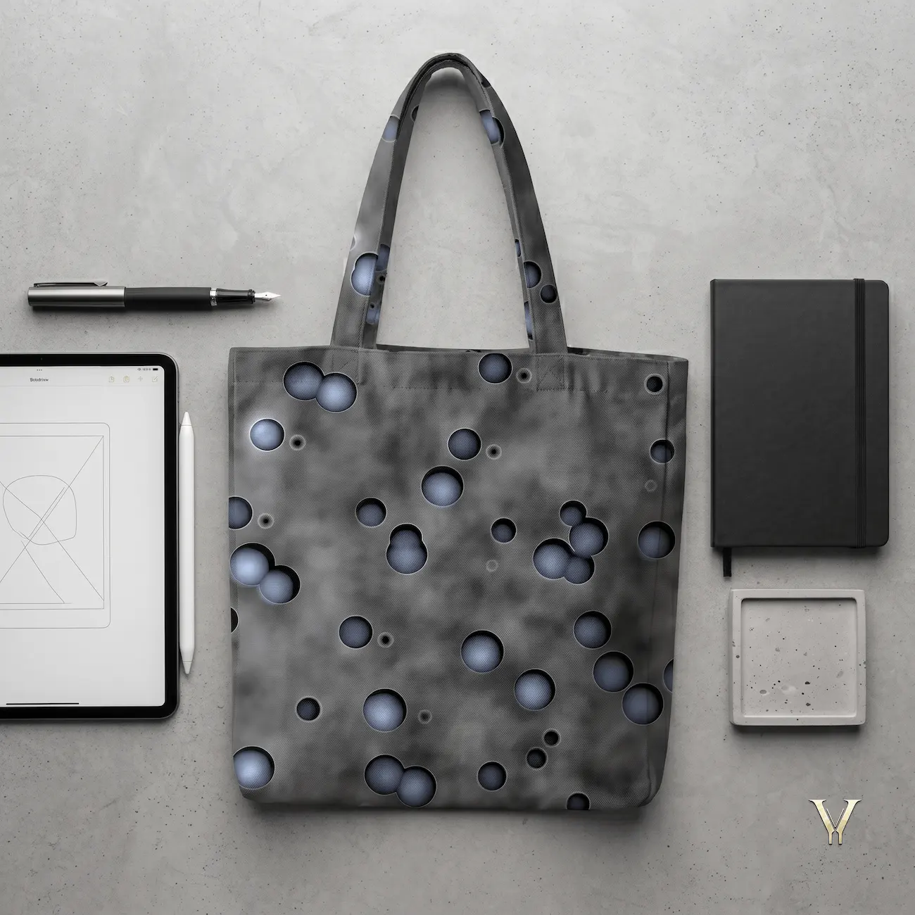 Nebula Droplets AOP Designer Large Tote Bag by VertexVault Studio in an overhead flat lay on concrete, showing a dark gray cosmic print shoulder bag alongside a digital tablet, stylus, black journal, and fountain pen.