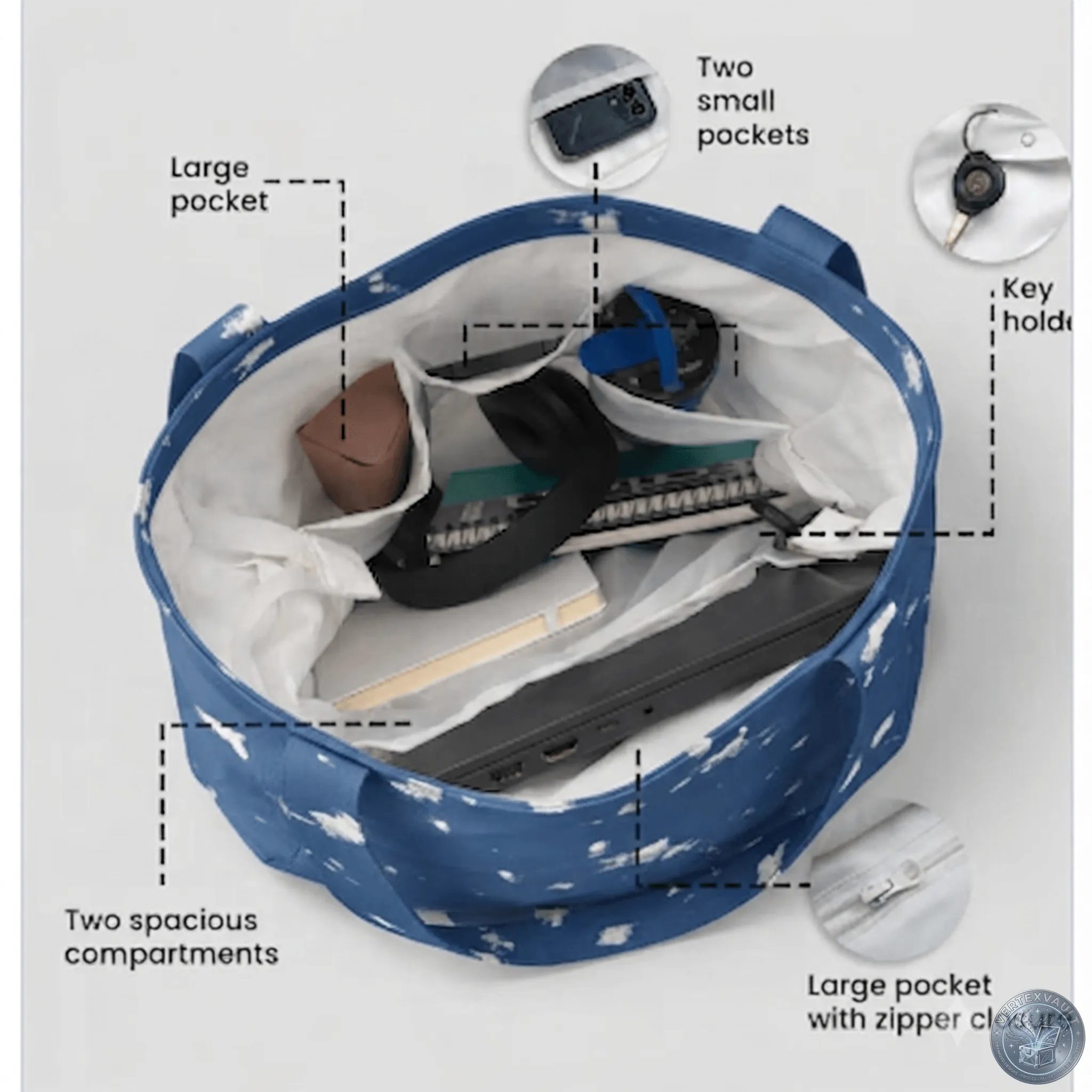 Interior pockets and storage features infographic for Oceanic Mist AOP Large Tote Bag by VertexVault Studio, diagramming two spacious compartments, a zipper pocket, small utility pockets, and a key holder inside a blue ocean-pattern bag.