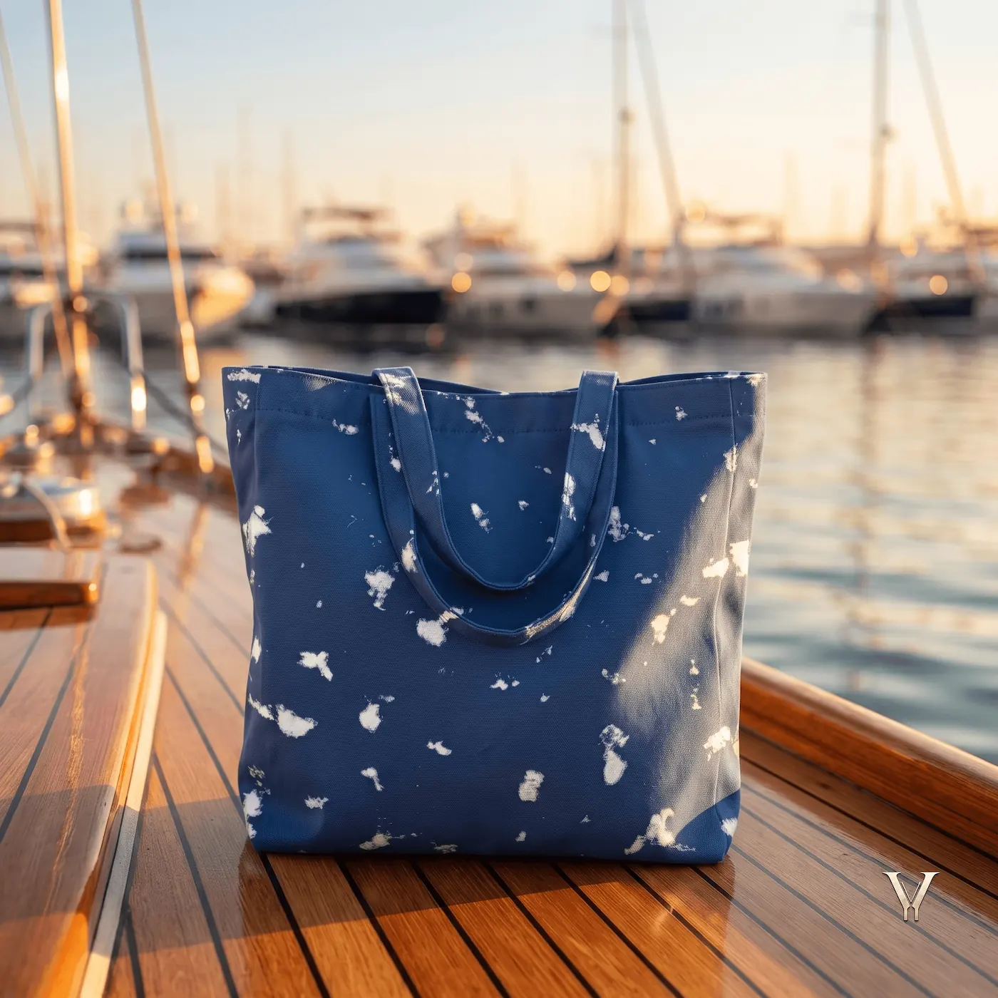 Oceanic Mist AOP Designer Large Tote Bag by VertexVault Studio on a yacht wooden deck, showing the deep blue sea-foam pattern shoulder bag with a blurred marina harbor and luxury boats background.