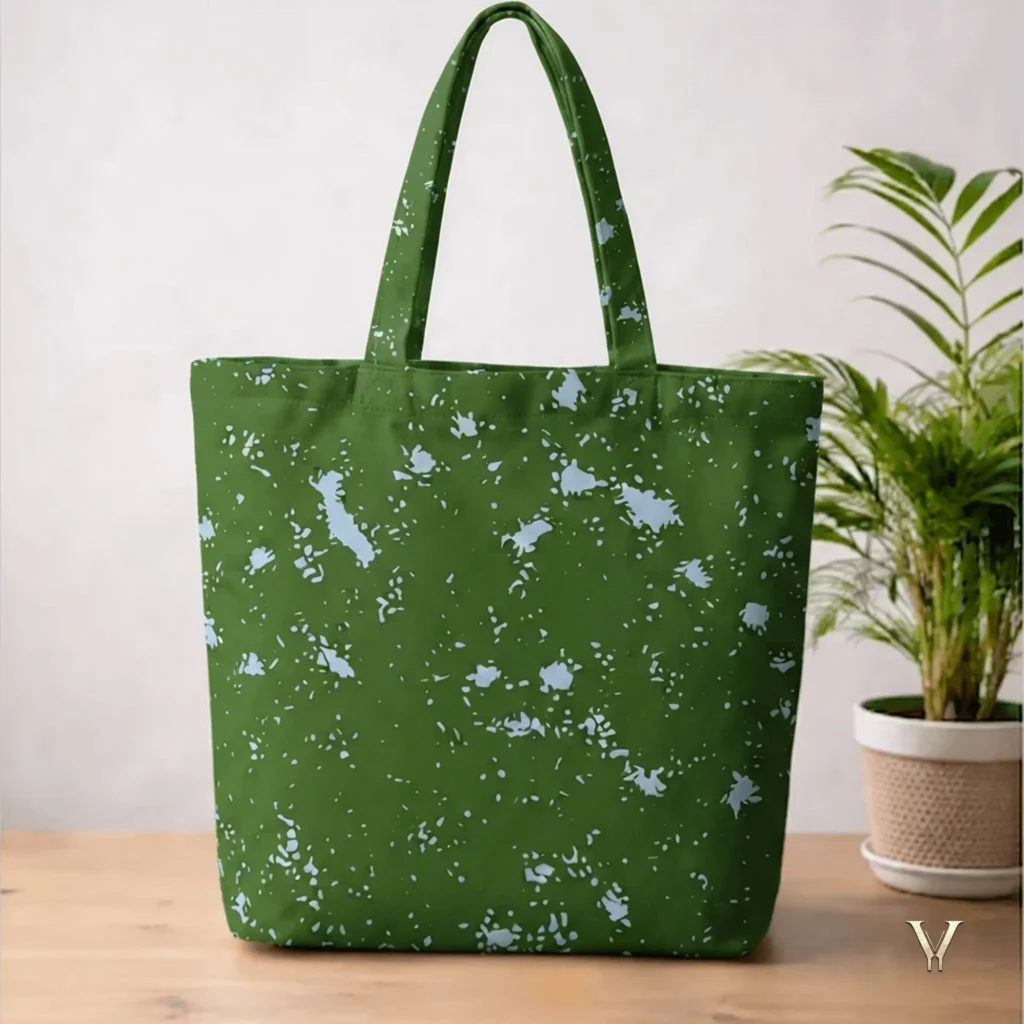 Green Forest Designer Large Tote Bag with abstract pale speckles on deep green fabric from VertexVault Studio