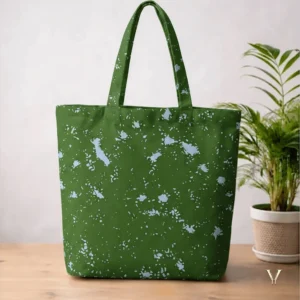 Green Forest Designer Large Tote Bag with abstract pale speckles on deep green fabric from VertexVault Studio