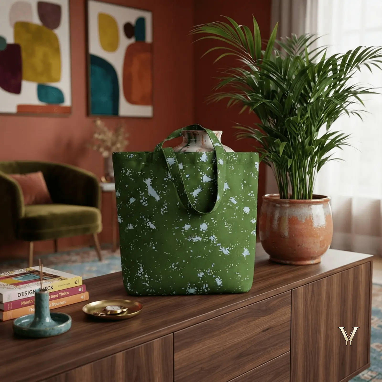 Interior home decor styling shot of the Green Forest Designer Large Tote Bag by VertexVault Studio placed on a wooden console table with a potted plant and modern artwork.